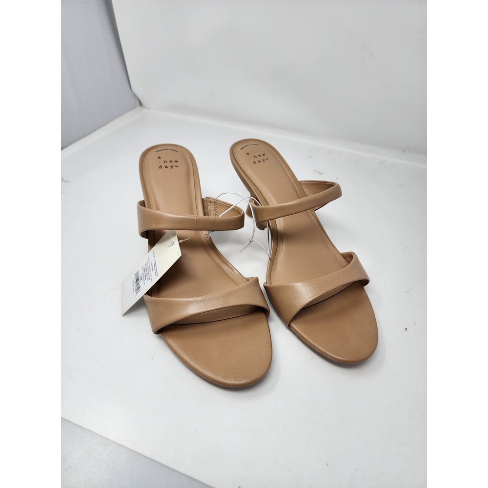 A New Day Womens Open Toe Kitten Heel Mule Sandals Tan Faux Leather Size 11W